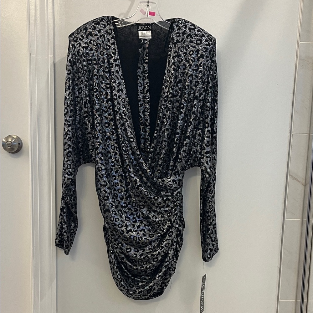Jovani 3169 Silver & Black Metallic Leopard Ruched Mini Dress-sz 12 - Picture 2 of 10